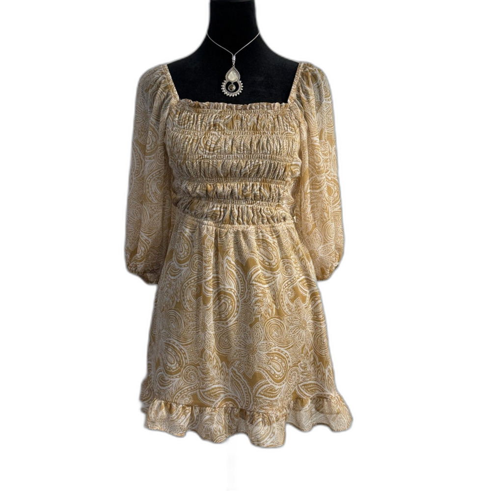 Sienna Sky Mustard Paisley Smocked Mini Dress — Long Balloon Sleeves